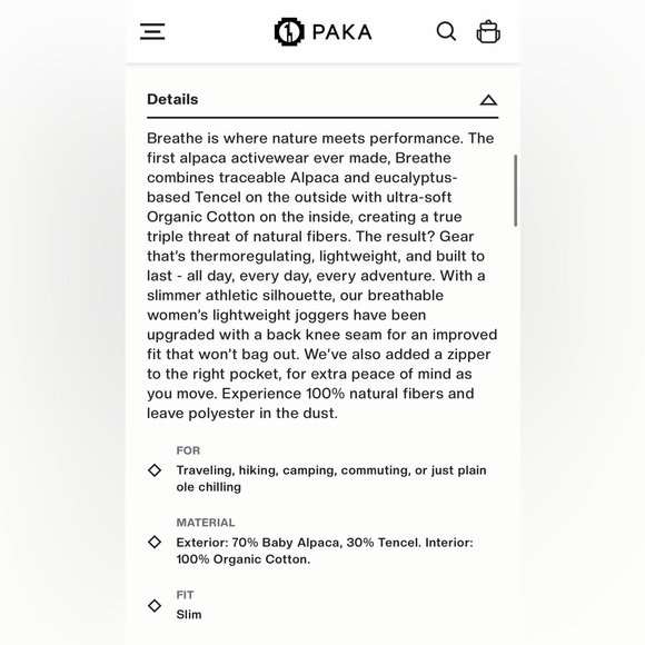 PAKA Apparel Breathe Jogger Cream White Women’s Large Alpaca, Tencel, Cotton - Picture 14 of 16